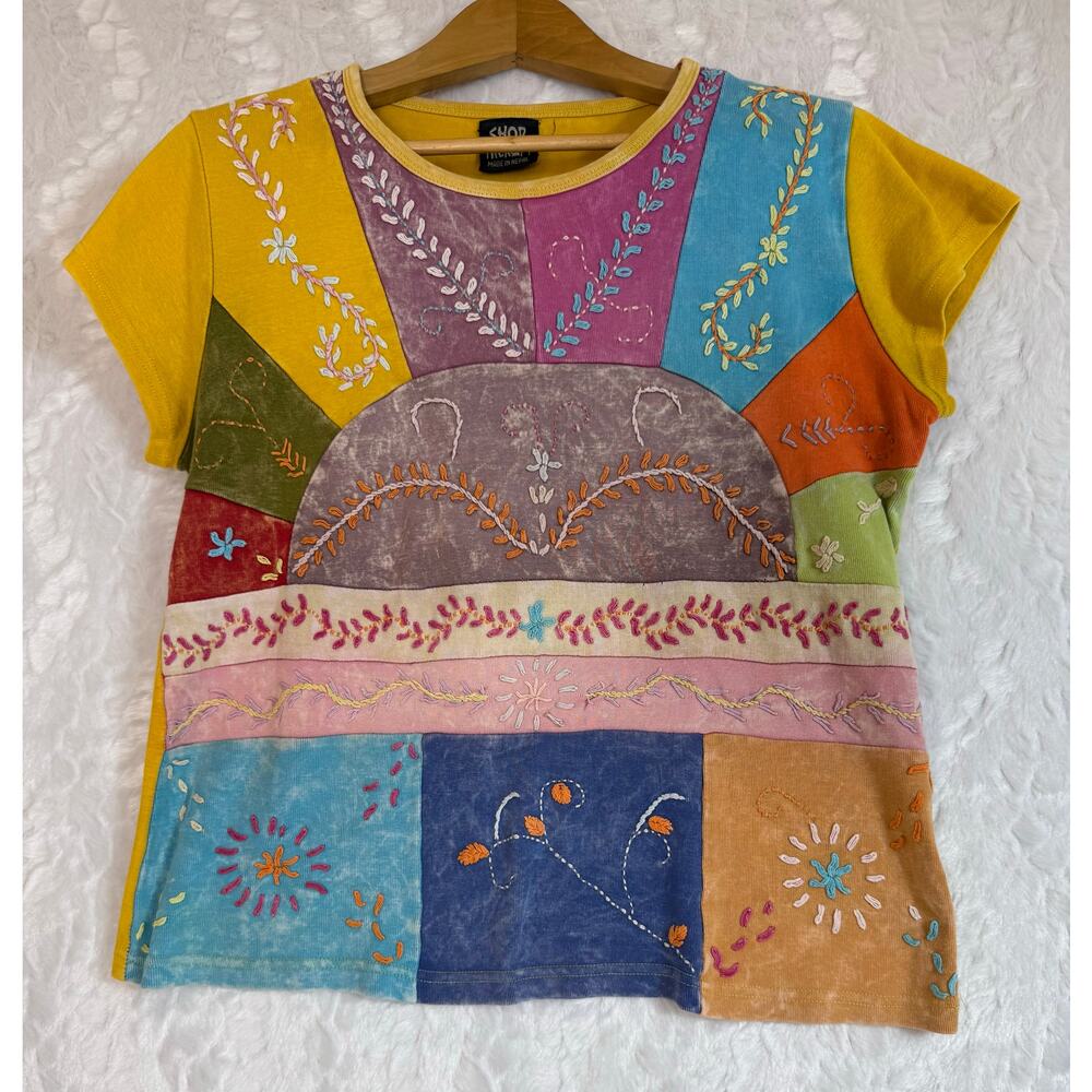 Shop Therapy Nepal Boho Colorful Patchwork Hippie Import T-Shirt Yellow Large**